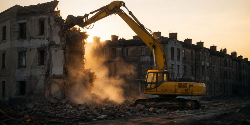 golden-hour demolition in urban decay