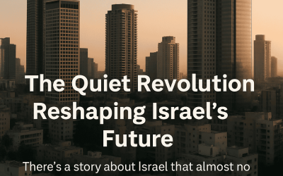 The image features a city skyline during sunset or sunrise, with tall buildings in the foreground and a warm, golden hue in the sky. The text overlay reads: "The Quiet Revolution Reshaping Israel's...