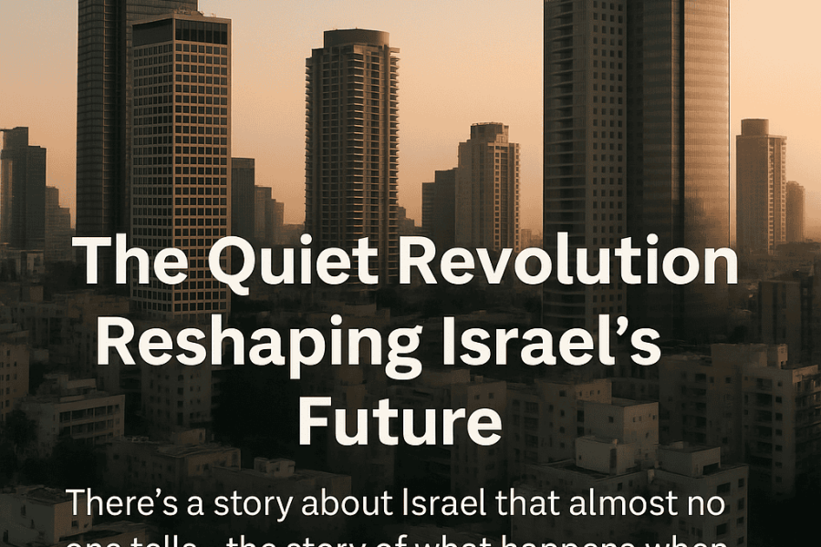 The image features a city skyline during sunset or sunrise, with tall buildings in the foreground and a warm, golden hue in the sky. The text overlay reads: "The Quiet Revolution Reshaping Israel's...