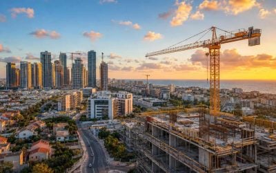 Golden hour urban construction zone in Israel