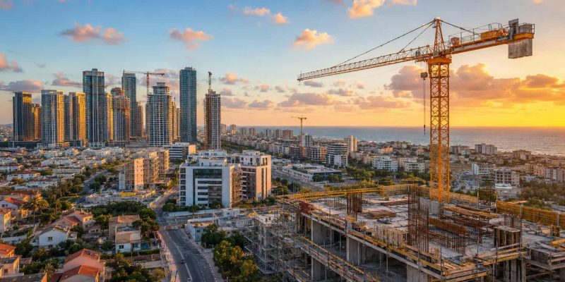 Golden hour urban construction zone in Israel