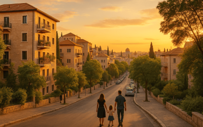 family walking down a quiet street at night.