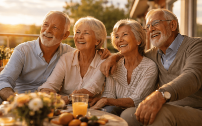 four friends laughing together at a table eating food