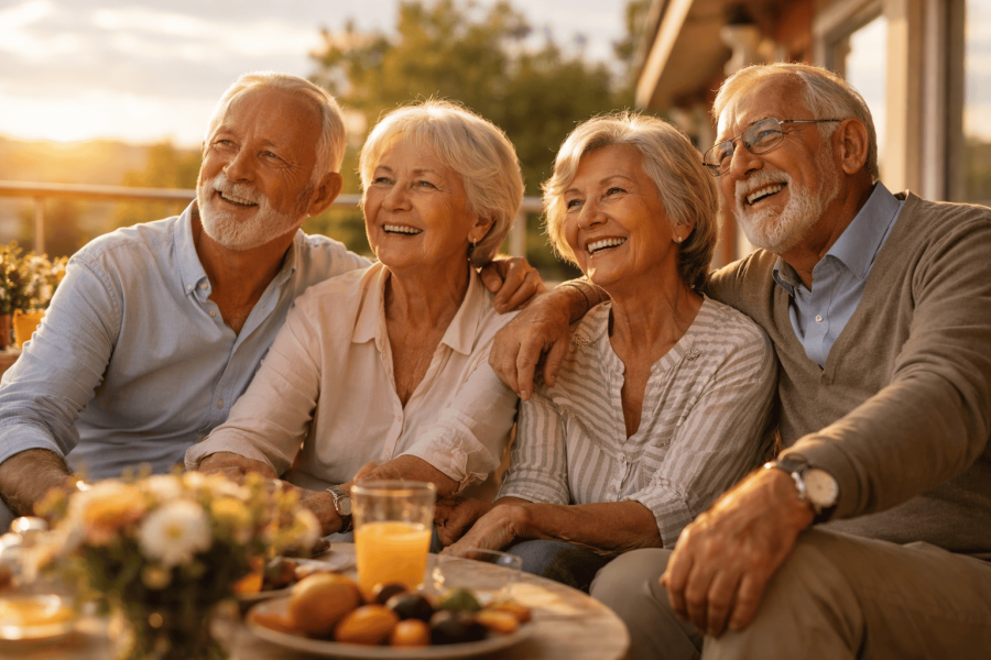 four friends laughing together at a table eating food
