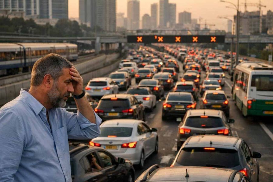 Heavy traffic congestion and gridlock on a highway in Gush Dan, Israel