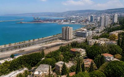 Aerial view of Haifa Bay waterfront with port cranes, rail lines, and residential neighborhoods in daylight