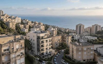 Residential apartment buildings on a Haifa hillside with the bay in the background