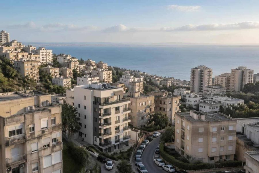 Residential apartment buildings on a Haifa hillside with the bay in the background