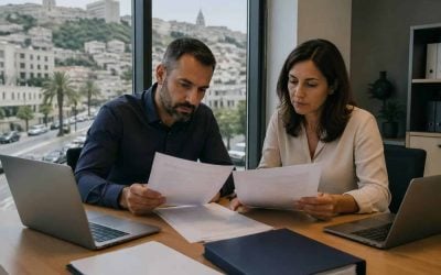 Business owner reviewing municipal tender documents in a Haifa office