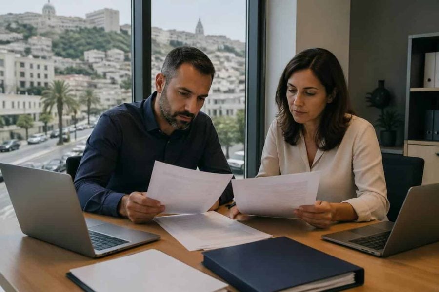 Business owner reviewing municipal tender documents in a Haifa office