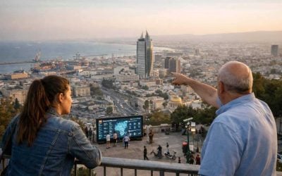 Panoramic view of Haifa skyline and port overlaid with digital smart city network graphics