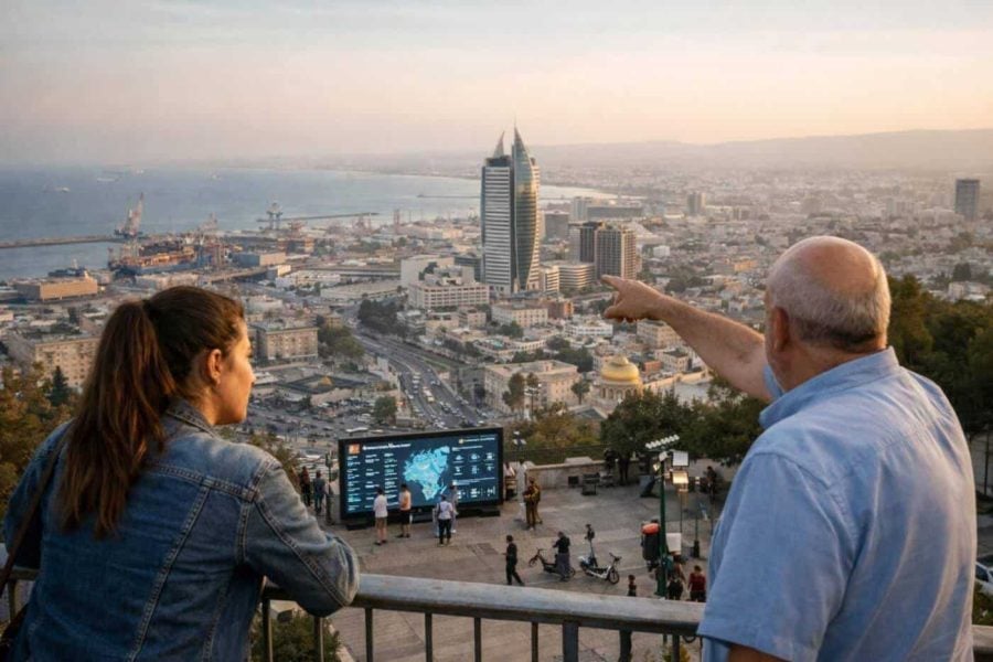 Panoramic view of Haifa skyline and port overlaid with digital smart city network graphics