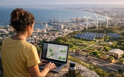 Panoramic view of Haifa's urban landscape and Bahai Gardens representing the integration of open data and green living