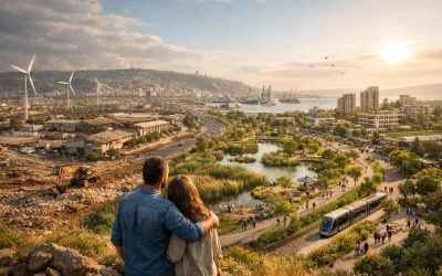 Architectural rendering of the massive green urban transformation project at Haifa's Southern Gateway.