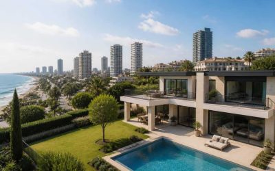 Luxury villa with pool near the Israeli coastline beside modern high-rise apartments