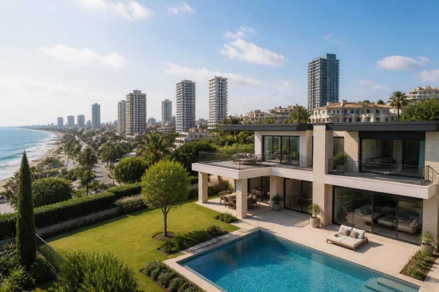 Luxury villa with pool near the Israeli coastline beside modern high-rise apartments