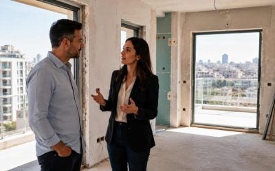 Buyer and advisor privately reviewing a new Israeli apartment project for possible concessions