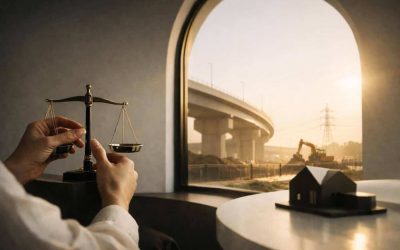 High Court gavel resting on legal documents with construction blueprints representing infrastructure property rights