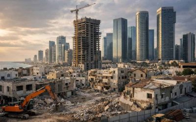 Modern apartment buildings and urban renewal construction sites in Tel Aviv's Quarter 4 district