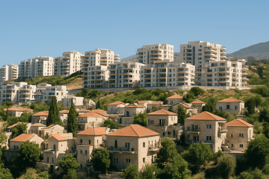 houses and buildings on a hillside at night