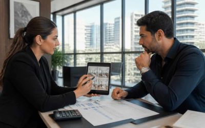 Real estate agent reviewing apartment options with a prepared homebuyer in a modern Israeli office