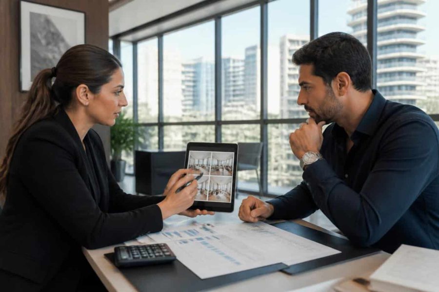Real estate agent reviewing apartment options with a prepared homebuyer in a modern Israeli office