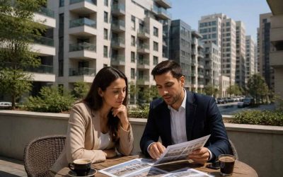 Modern apartment buildings in Israel with a real estate buyer reviewing documents in the foreground