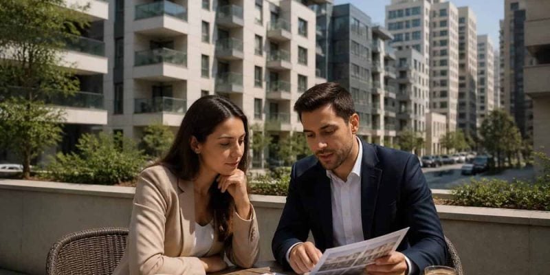 Modern apartment buildings in Israel with a real estate buyer reviewing documents in the foreground