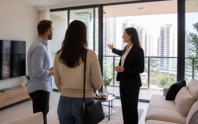 Israeli apartment showing with agent and buyers in bright modern living room