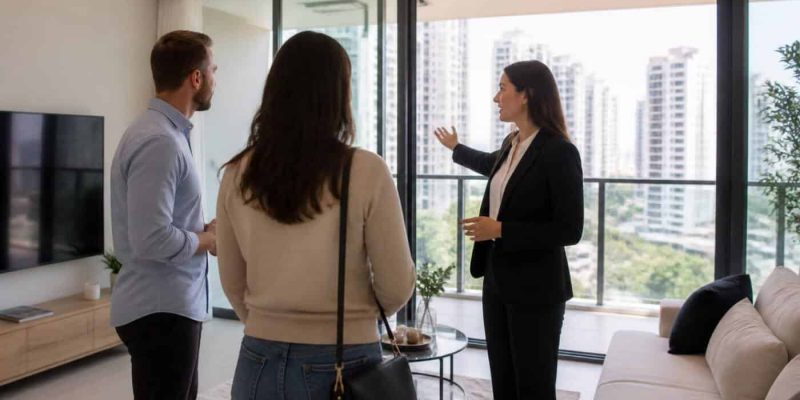 Israeli apartment showing with agent and buyers in bright modern living room
