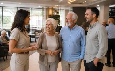 Older couple touring a modern retirement housing community with a family member and staff member
