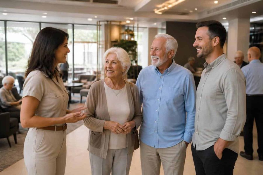 Older couple touring a modern retirement housing community with a family member and staff member