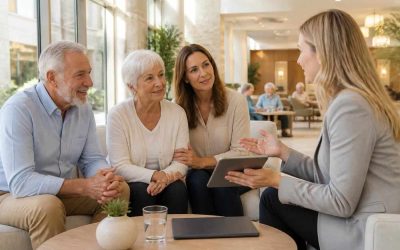 Older couple and adult child speaking with a healthcare coordinator in a modern Israeli retirement community