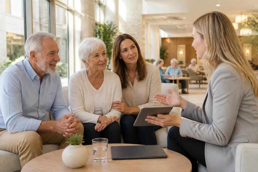 Older couple and adult child speaking with a healthcare coordinator in a modern Israeli retirement community