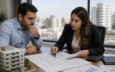 Homebuyer reviewing mortgage documents and property plans in a modern Israeli apartment