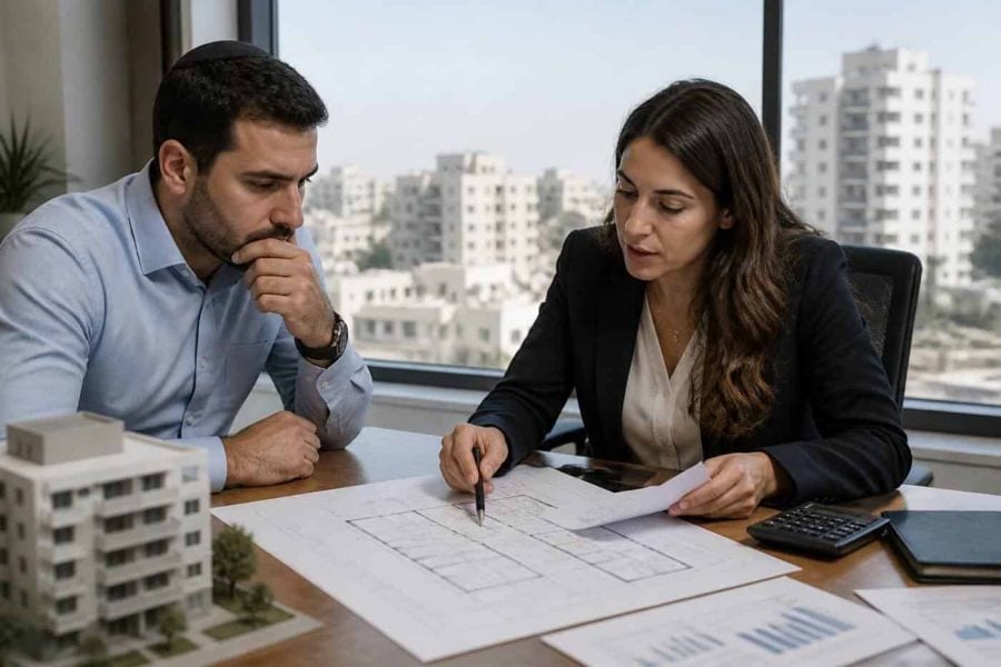 Homebuyer reviewing mortgage documents and property plans in a modern Israeli apartment