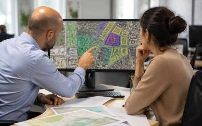 Urban planners reviewing a digital parcel map and development data on a computer in a modern office