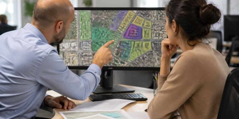 Urban planners reviewing a digital parcel map and development data on a computer in a modern office