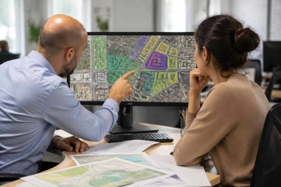 Urban planners reviewing a digital parcel map and development data on a computer in a modern office
