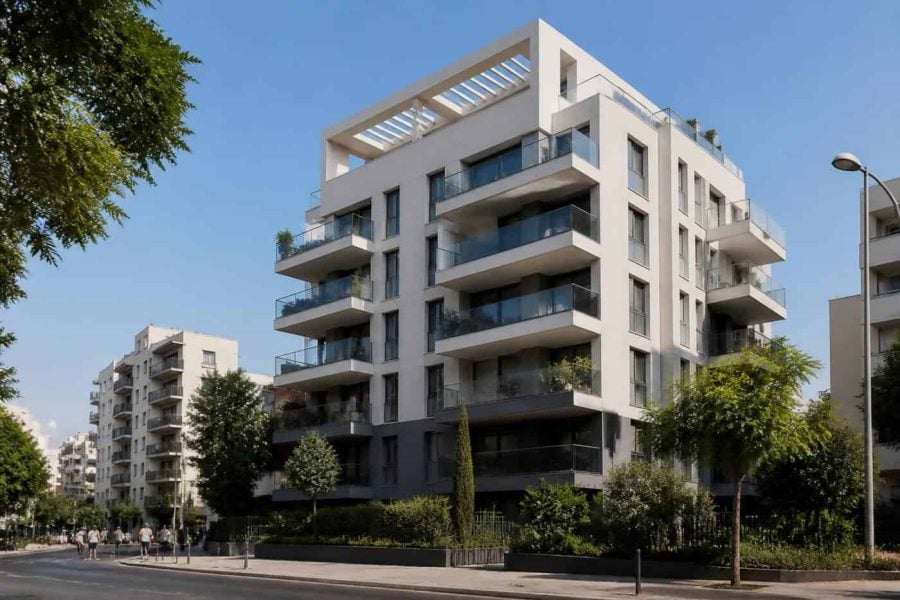 Modern apartment building in Tel Aviv with balconies and nearby residential streets