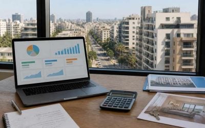 Investor reviewing Israeli apartment data on a laptop beside modern residential buildings