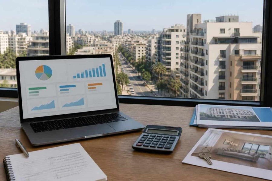 Investor reviewing Israeli apartment data on a laptop beside modern residential buildings