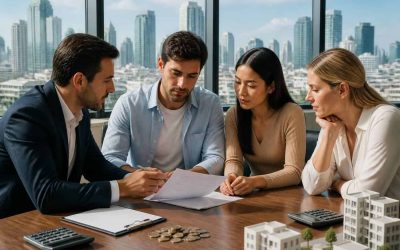 Foreign property buyers reviewing real estate finances with a modern Israeli city skyline in the background