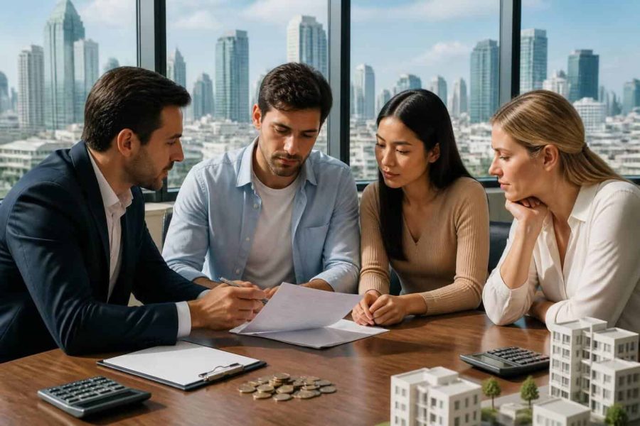 Foreign property buyers reviewing real estate finances with a modern Israeli city skyline in the background