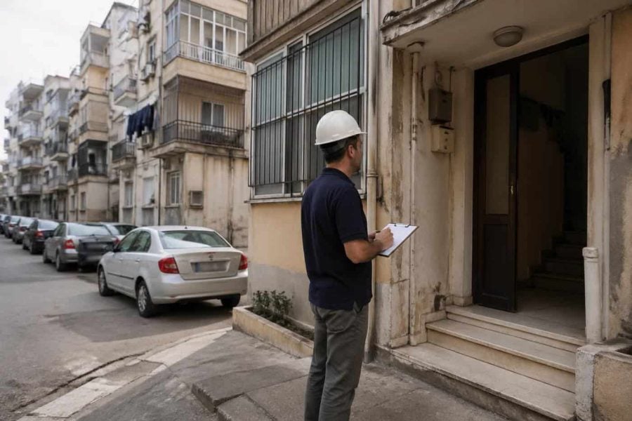 Older apartment building in a dense Bnei Brak residential neighborhood