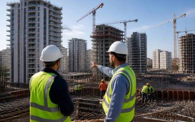 Construction cranes and new apartment buildings in an Israeli residential neighborhood
