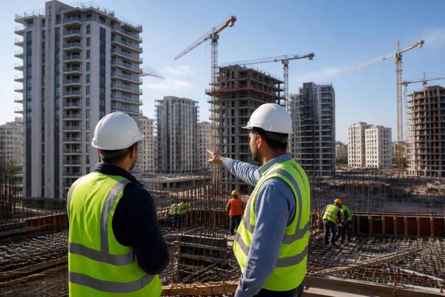 Construction cranes and new apartment buildings in an Israeli residential neighborhood