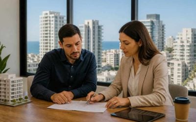 Real estate buyer and agent reviewing an apartment listing in a modern Israeli city setting
