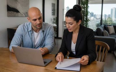Real estate agent and seller reviewing apartment documents in a modern Israeli home