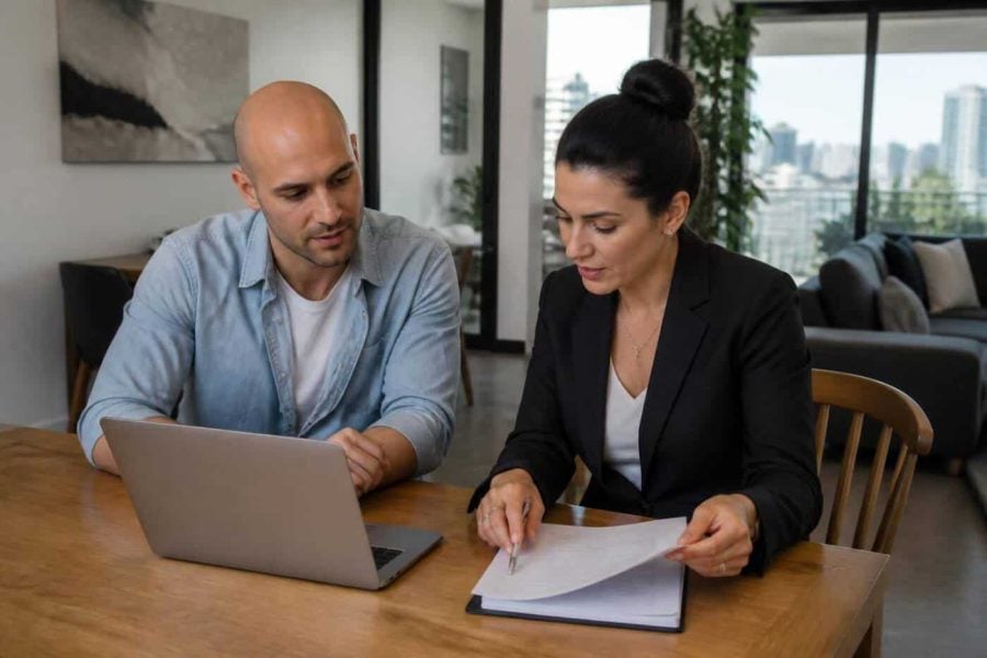 Real estate agent and seller reviewing apartment documents in a modern Israeli home